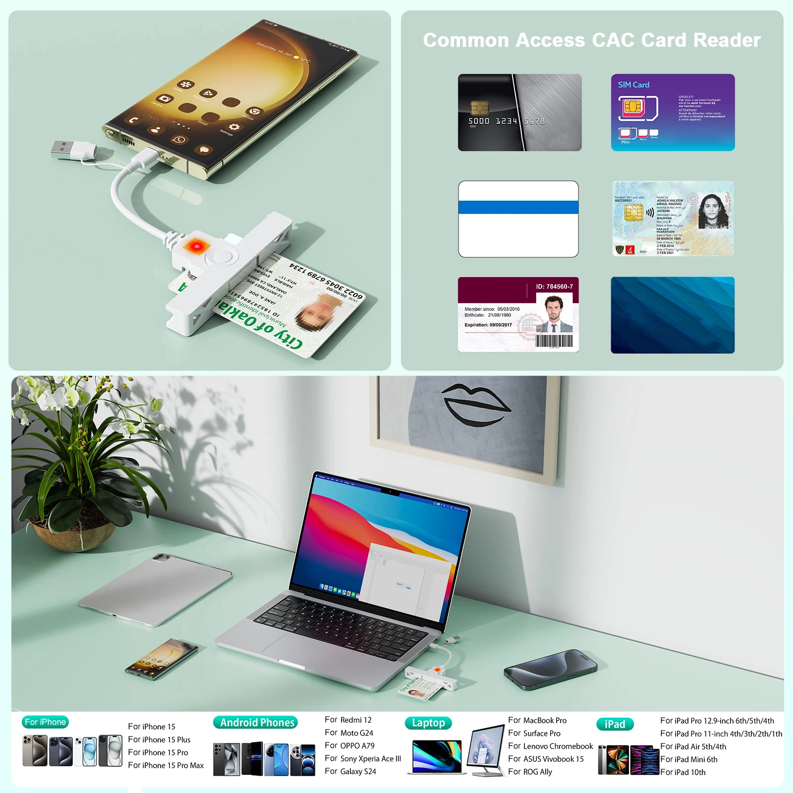 USB-C Smart Common Access Card Reader Folding Tax Payment Cards Readers for Government ID AKO OWA DKO JKo