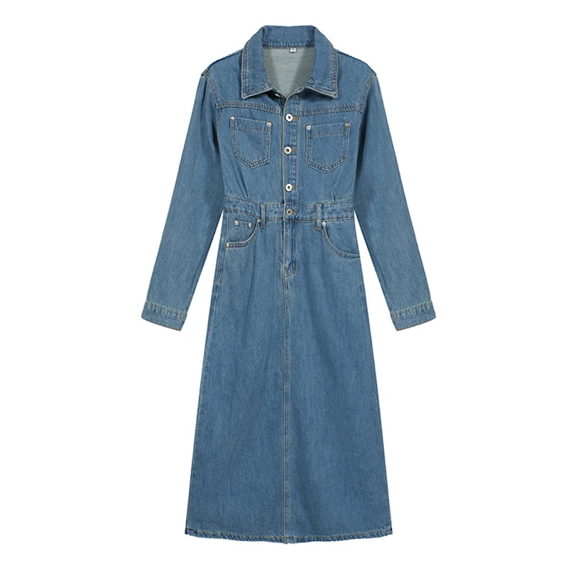 2026 Spring New Retro Women Denim Dress Fashion Temperament Lapel Collar Long Sleeve Dresses Trend Chic Split Mid-Length Dress