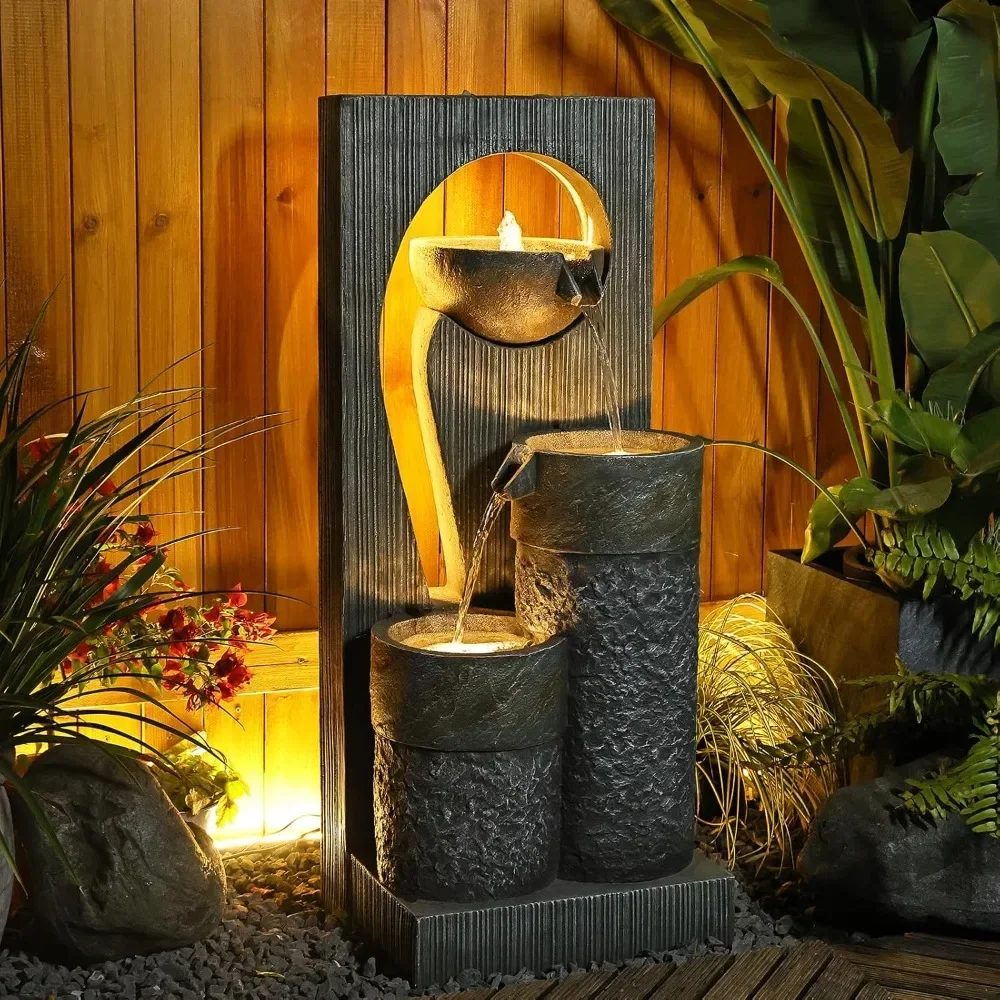 41 Inch High Outdoor Fountain, Independent Fountain with Rho Shaped Artistic Design, Equipped with LED Lights and Light Strips