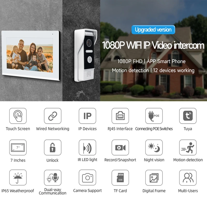 1080P 7 inch Wifi Video Doorbell Intercom Tuya Smart Home IP Wireless Doorphone RFID Access Control System for Villa Apartment