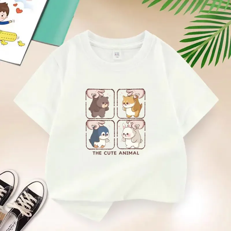 ChildrensTee Four Panel Squishy Little Bear Dog Penguin Bunny Cartoon Pattern Print Short Sleeve Casual Breathable Summer Top