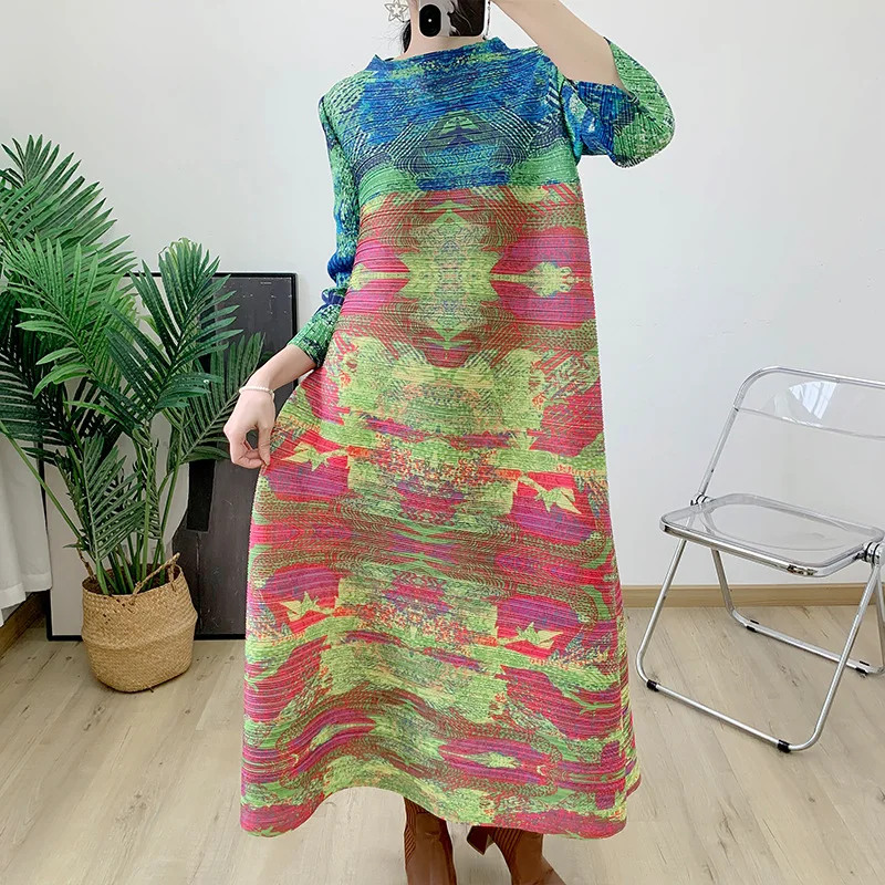 

Miyake Vintage Pleated Long Dress for Women Stand Collar Printing Color Block Loose Elegant Clothing 2025 Spring New