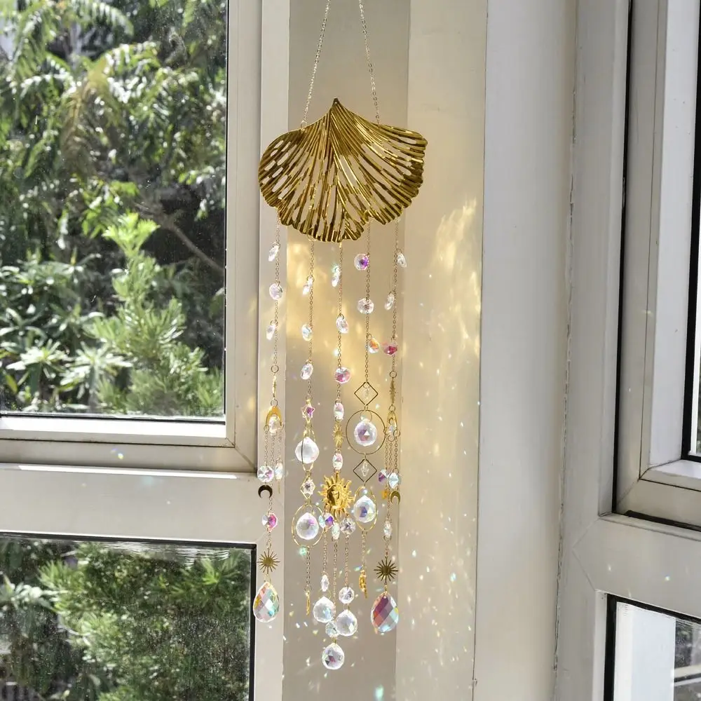 Ginkgo Leaf Shape Crystal Wind Chime Hanging Pendant Crafts Gift Colorful Sun Catcher Golden Color Home Garden Decoration