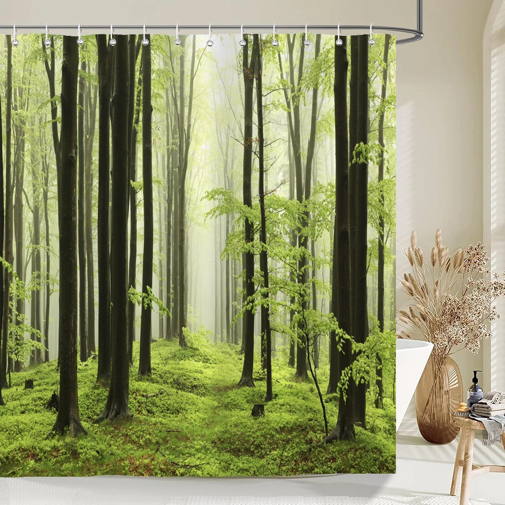 High Quality Birch Forest Fabric Shower Curtain Waterproof Natural Landscape Printed Bath Curtains for Bathroom Decor with Hooks