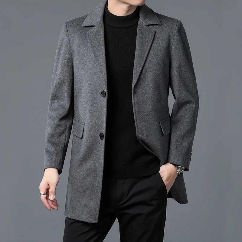 Winter Men Wool Essential Coat Black Gray Thick Thermal Overcoat With Detchable Down Puff Vest Attire Gentlemen Warm Soft Outfit