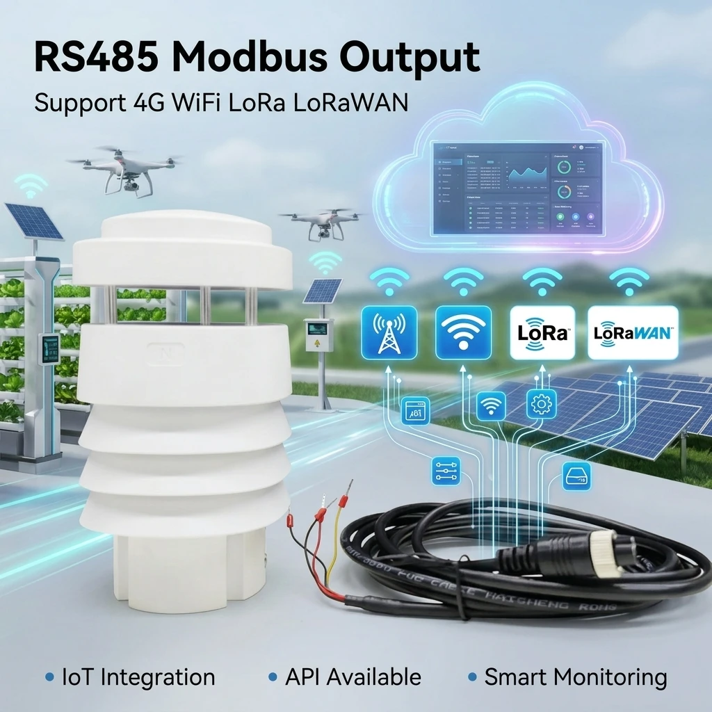 IoT 6 in 1 Weather Monitoring Station Sensor Support 4G WiFi  API Integration RS485 Modbus