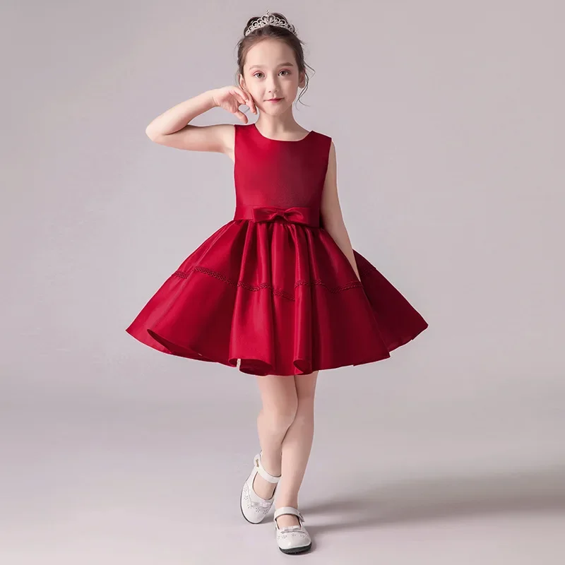 

Children's dress 2024 spring new red pongee skirt small host piano dress girl princess dress
