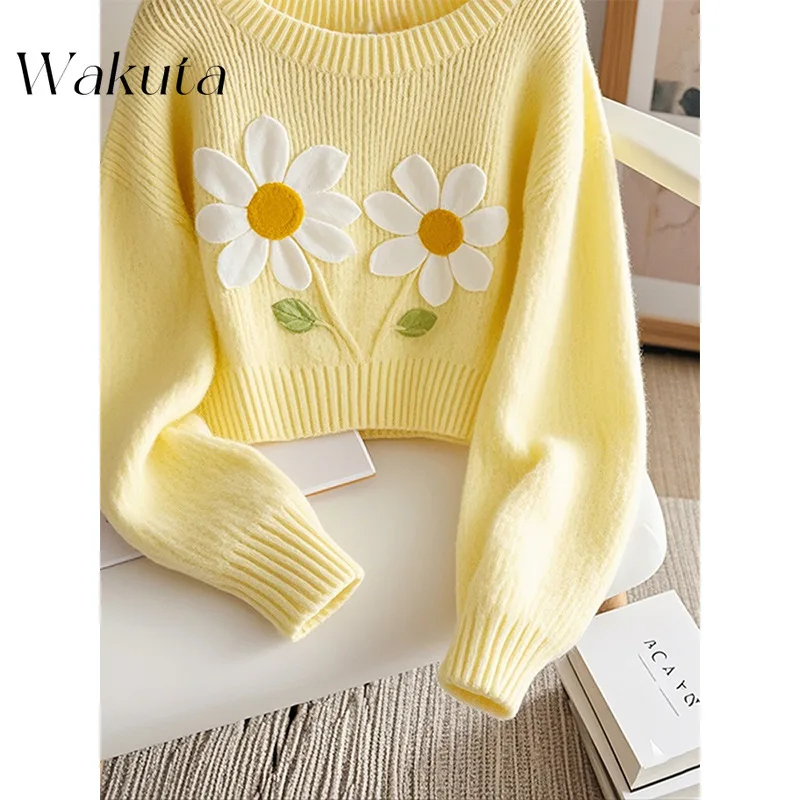 WAKUTA Autunno Elegante versione coreana del maglione lavorato a maglia che riduce l'età alla moda con dopamina Pullover con stampa gialla Maglioni Y2k Commer 