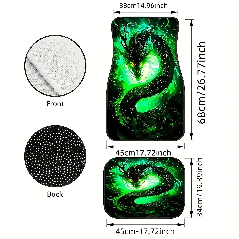 4pcs Cool Green Dragon Car Mat, Universal Front& Rear Floor Mats With Dark Forest Green Flame Print Design- Auto Interior Access