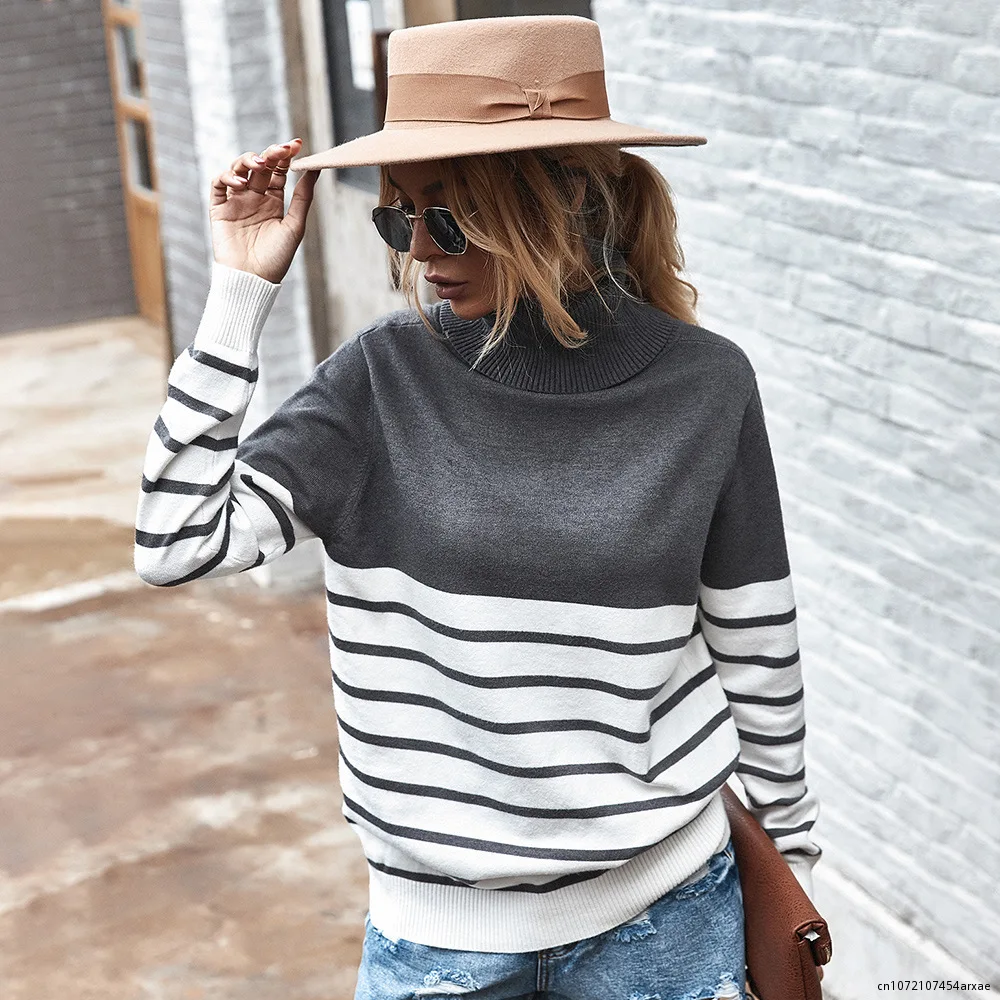 

Striped Turtleneck Kintting Sweater Women 2023 Autumn Long Sleeved Casual Jumpers Tops Brown Warm Winter Sweaters Sueter Mujer