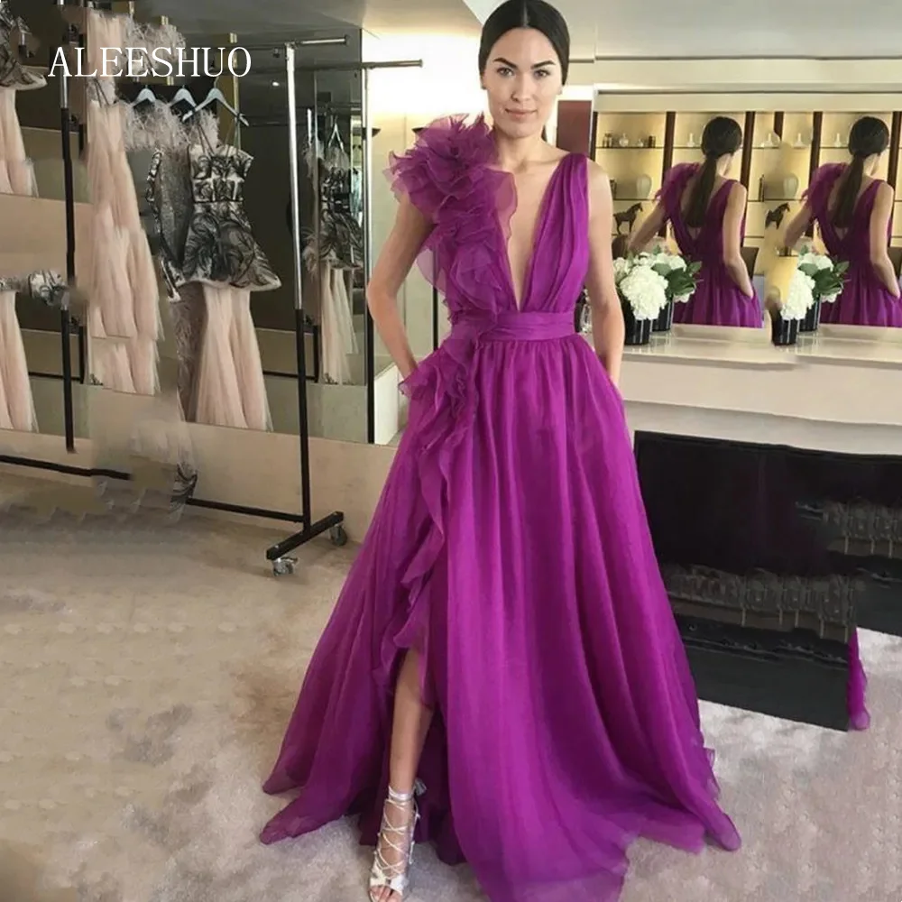 Aleeshuo Purple V-neck Prom Dress Sleeveless Vestido De Novia Organza Prom Gown Hydrangea Ball Party Dress فستان سهرة Open Back