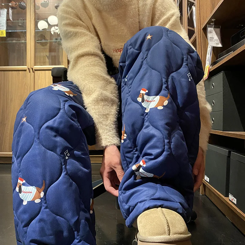 LUZHEN لطيف الكرتون نمط مطبوعة عالية الجودة سميكة الدافئة مبطن بنطلون الرجال 2025 الشتاء موضة السراويل المستقيمة JY4884