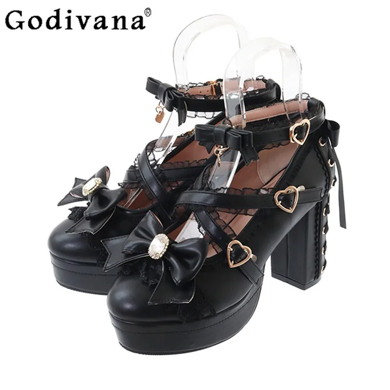 

Japanese Sweet Bow Loli Girl Lolita Mary Jane Single Shoes Lace Bow Round Head Thick Heel Vintage Versatile Liz High Heels