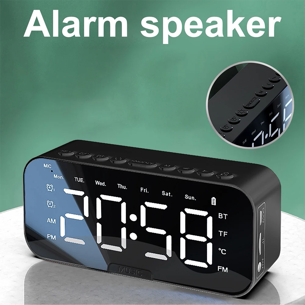 New Wireless Bluetooth Speaker Mini Portable Mirror Dual Alarm Clocks LED Music Player FM Radio Desktop Alarm Clock Speaker