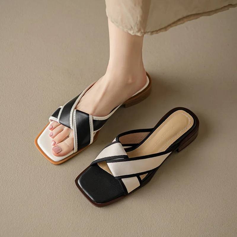 

Phoentin 2023 Women oppen Toe Slippers Summer new Genuine leather low Heels Ladies Sandals Casual Outside Slides shoes FT2730