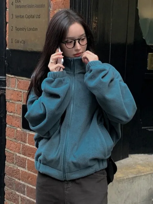 Felpa coreana Sle Lazy Autunno Inverno Casual Faion Stand Colletto Jaet Felpa da donna versatile e calda dal design Fce