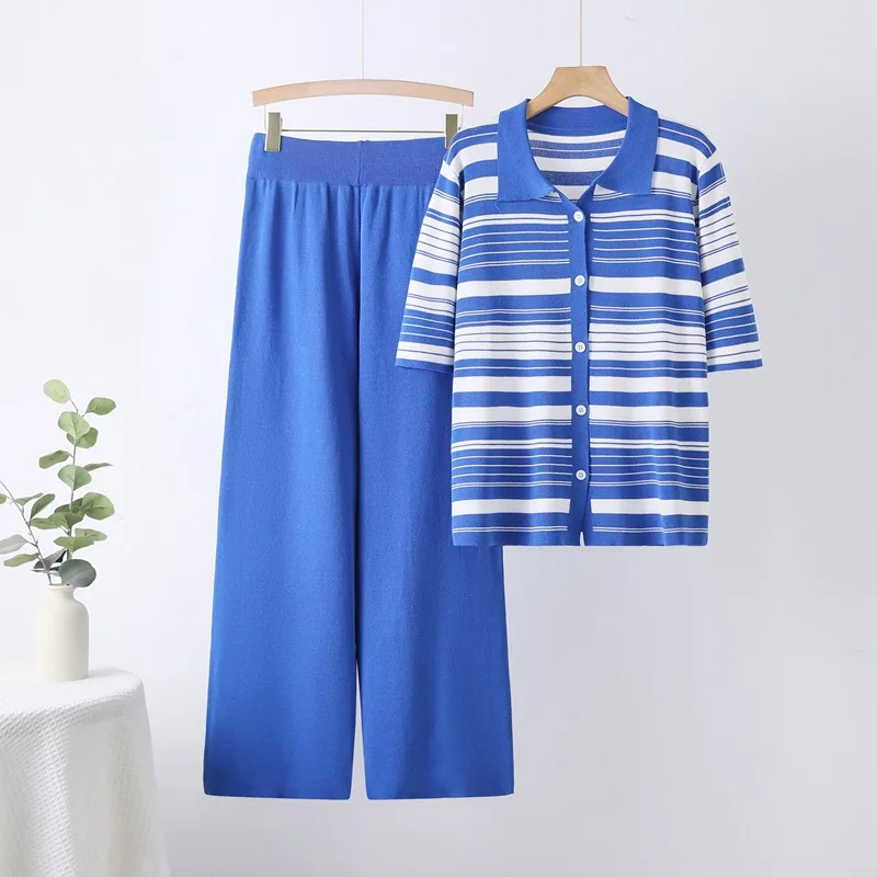 

Summer Fashionable Two-piece Set New Striped Casual Contrasting Knitted POLO Collar Short Sleeved Top Loose Wide Leg Pants