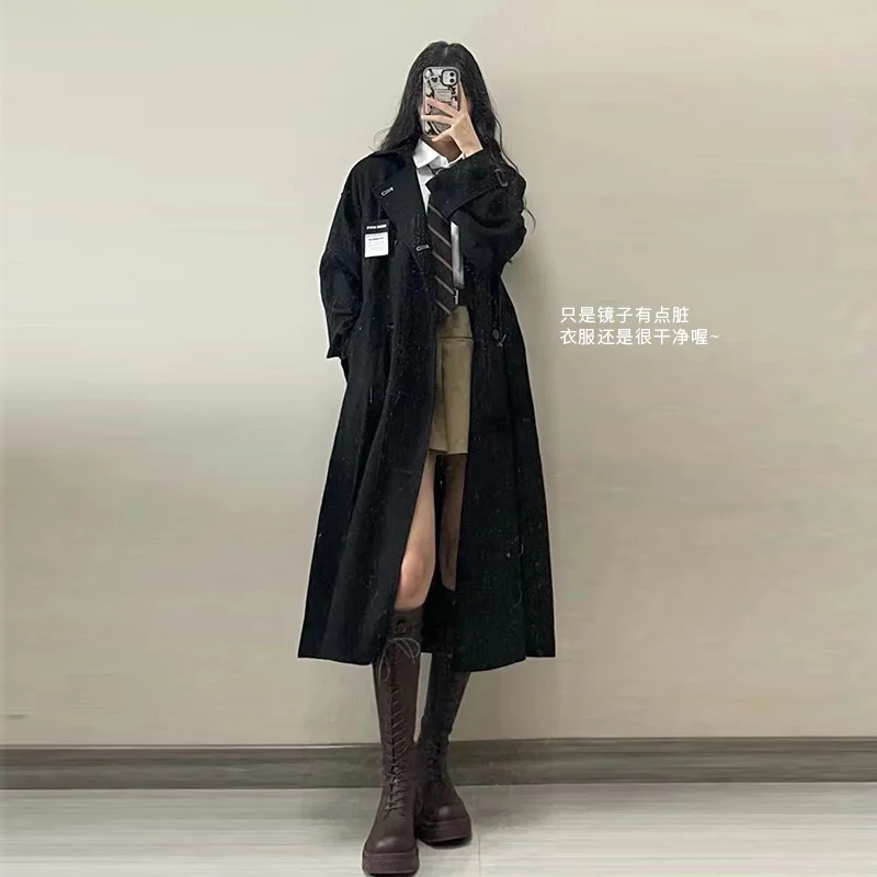 

Black Female Trench Coat Winter Piece Dark Academia Aesthetic Longline Light V-Neck Leopard Pattern Big Trenchcoat Pieces