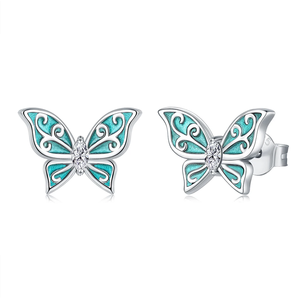 

925 Sterling Silver Exquisite Butterfly Stud Earrings With Green Enamel Birthday Christmas Jewelry Gifts for Women Girls Friends