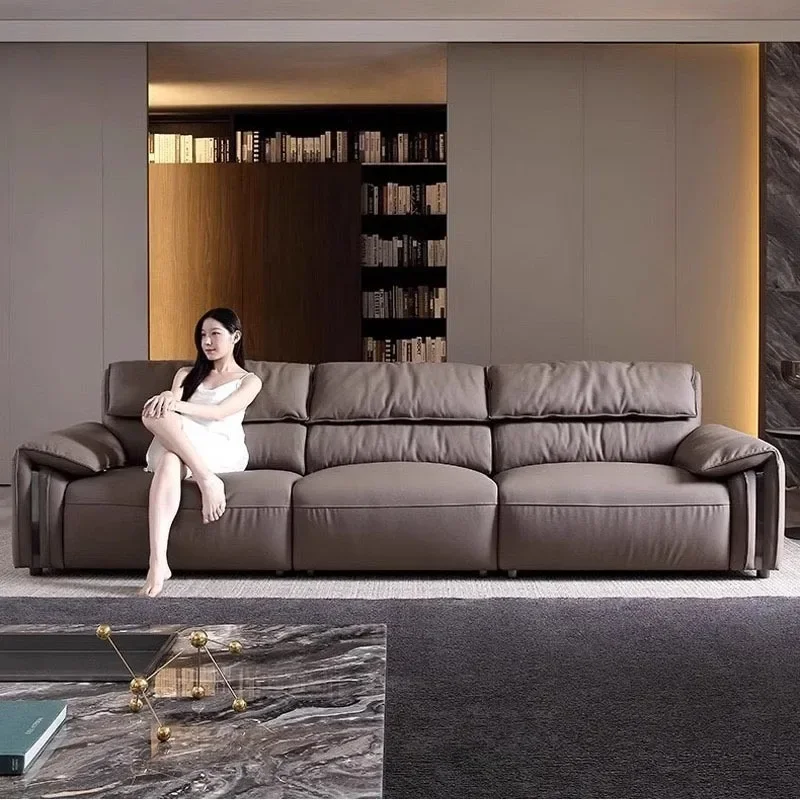 Italian minimalist leather sofa elephant ears straight row three-person small apartment living room first layer cowhide