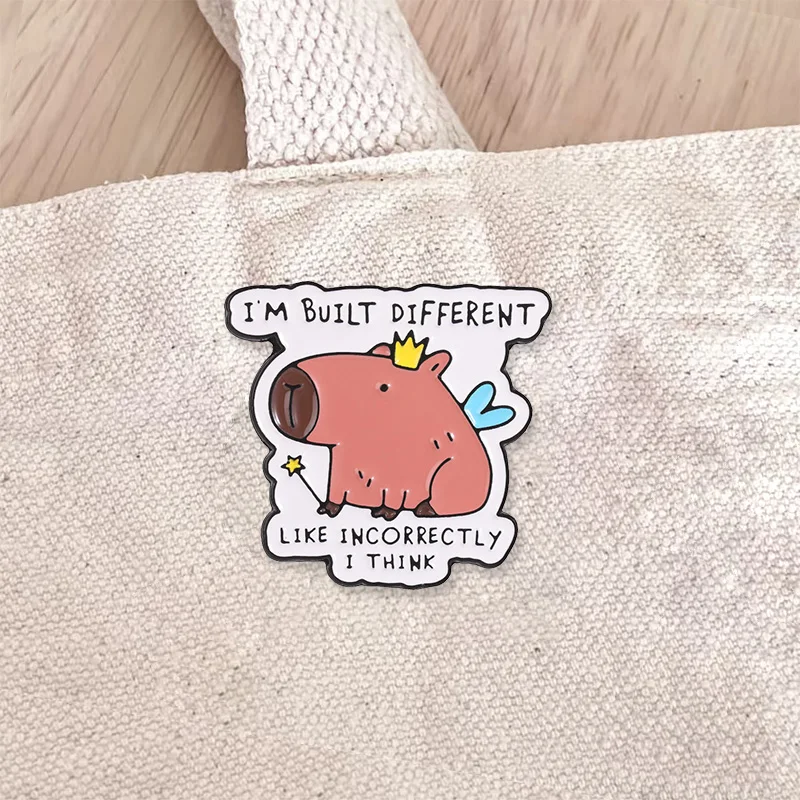 Confident Im Built Different Capybara Enamel Badge Funny Animal Quote Crown Alloy Brooches Lapel Backpack Jewelry Gift