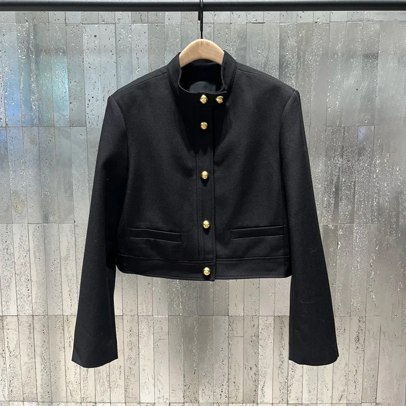 

Элегантное женское пальто прямого кроя с высоким воротником, осенняя новинка, модное, с металлическими элементами, черное/синее