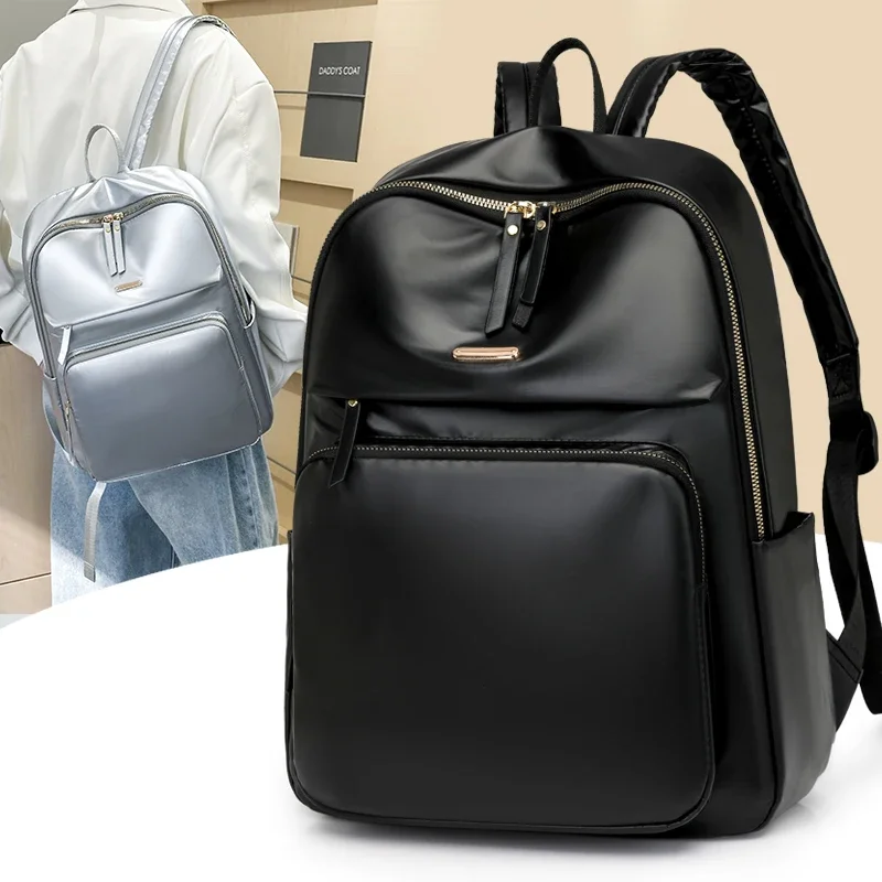 1 piece business backpack for women with large capacity laptop bag for college students, shiny leather solid color backpacks sac