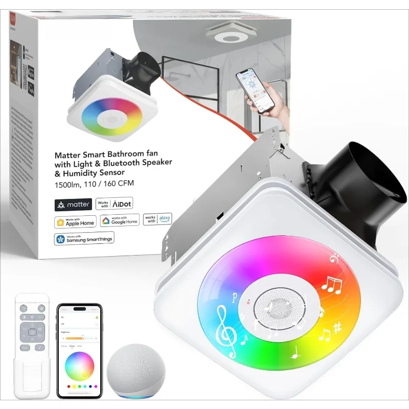 

Smart Bathroom Exhaust Fan with Light, 110/160 CFM 0.8/1.0 Sones Bathroom Fan with Bluetooth Speaker, Exhaust Fans