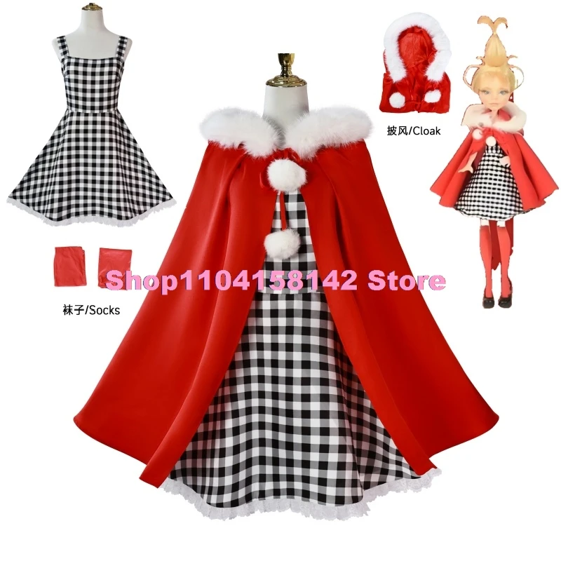 Erwachsene Kinder Weihnachten Cyndee Cosplay Kostüm Adult Weihnachtsmantel Schwarz Weiß Karierter Rock Partykleider für Mädchen Geschenke