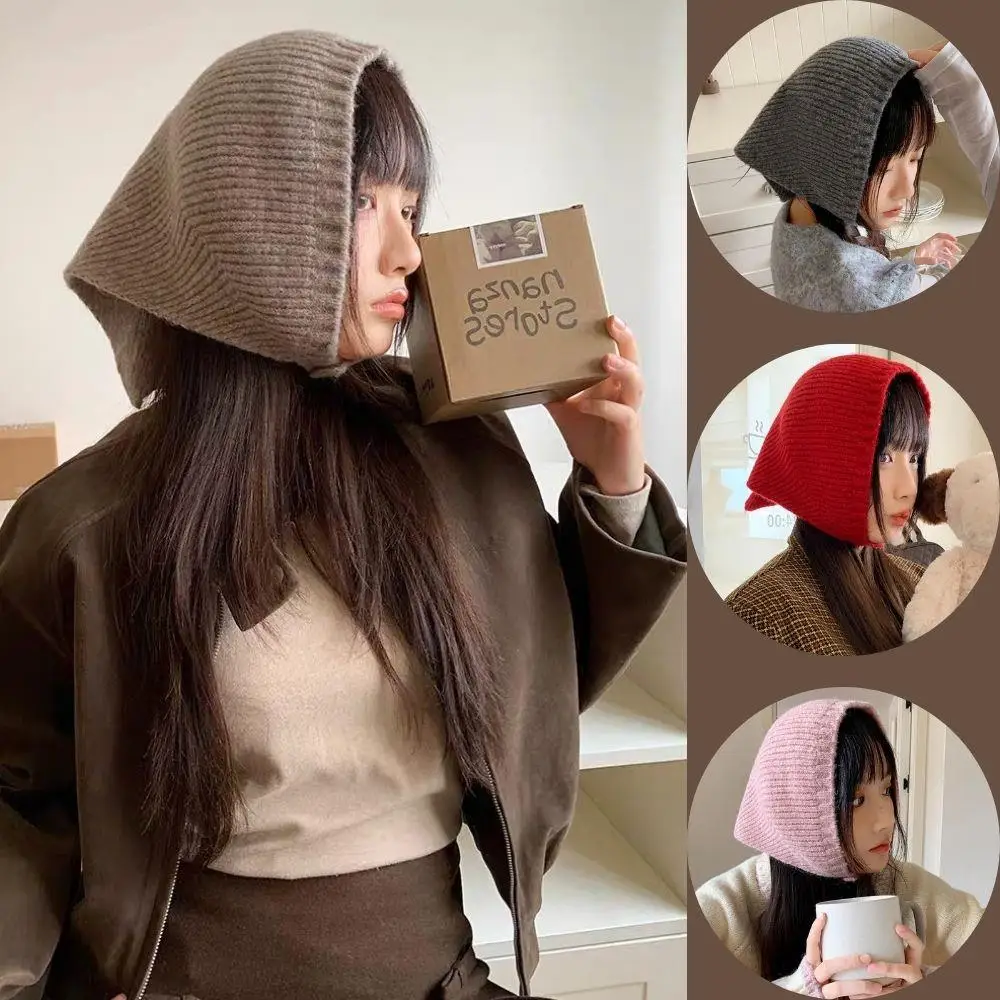 Gorro con capucha de lana tejida a la moda, gorros con orejeras a prueba de viento de Color sólido, bufanda triangular cálida para invierno y exteriores, diadema de ganchillo hecha a mano