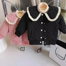 2024 Girls Winter Jacket Baby Clip Cotton Lapel Warm Coat Autumn New Children Thickened Solid Color Sweet Cute Clothes 12M-5Y