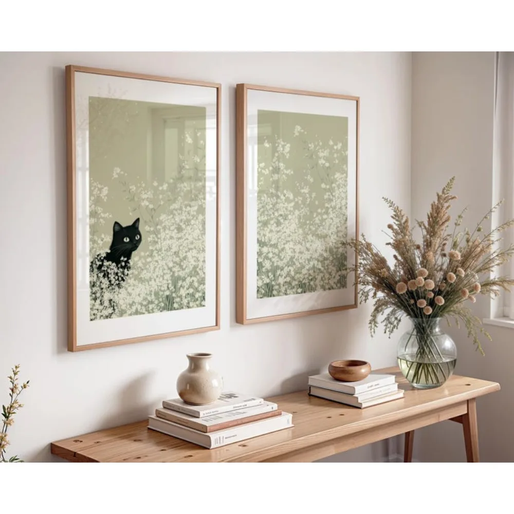 2pcs Frameless Cats in A Flower Field Set Printable Sage Green Spring Poster,Black Cat Wall Art Set,Flower Painting Flower Field