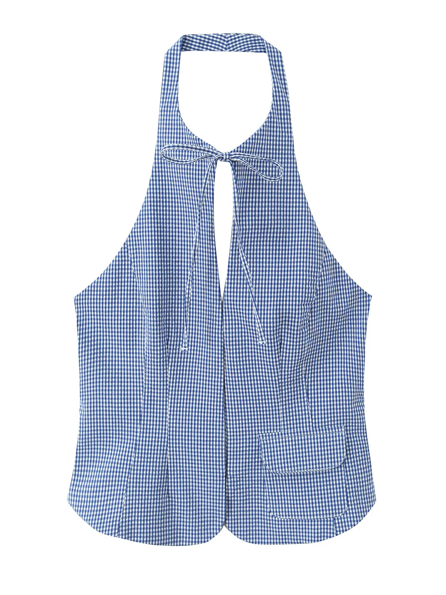 Blue Polka Dot Neck Hanging Vest Top Women's Slimming Workwear Flared Pants Two-Piece Set High Waist Business Office Outfit
