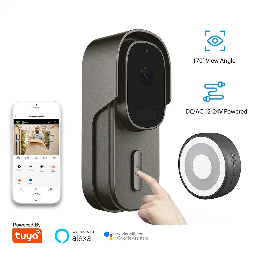 

Tuya WiFi Doorbell Camera Battery DC AC 12-24V Powered Smart Video Doorbell Home 1080P Wireless Intercon Door Bell with Alexa