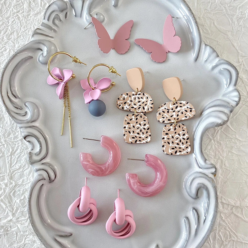 Lifefontier Sweet Pink Acrylic Flower Pattern Drop Earrings For Women Geometric Resin Butterfly Wedding Dangle Earring Jewelry