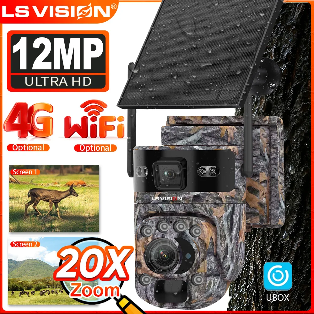

LS VISION 6K 12MP 4G Solar Hunting Trail Camera 20X ZOOM Wireless Outdoor Wildlife Camera PIR Human Detection Tracking UBOX APP