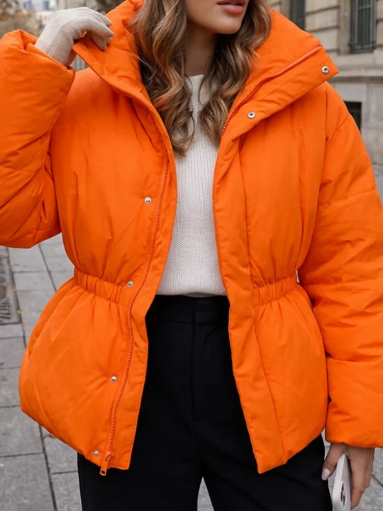 Womens Bright Orange Hooded Puffer Coat Zip Up Elastic Waist Warm Padded Winter Jacket Fall Winter Daily Streetwear Outdoor Wear