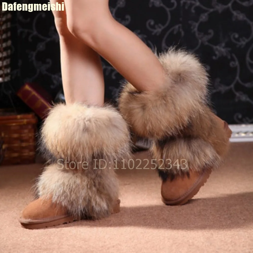 

Women's Fox Fur Winter Snow Boots 2025 New Mid-Calf Thickened Fleece Warm Boots Waterproof Leather Flats Cotton Shoes