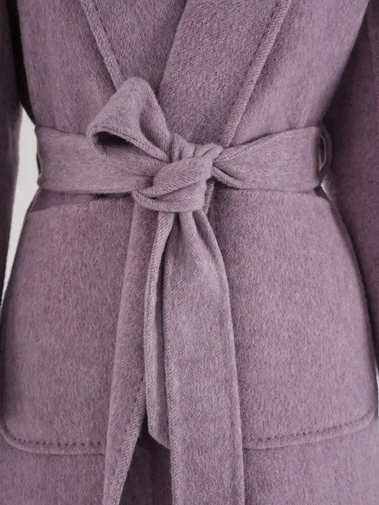 ZMEENNA Purple Pocket Belted Big Size Long Woolen Coat New Lapel Long Sleeve Women Jacket Fashion Tide Autumn Winter 2024 ZM453