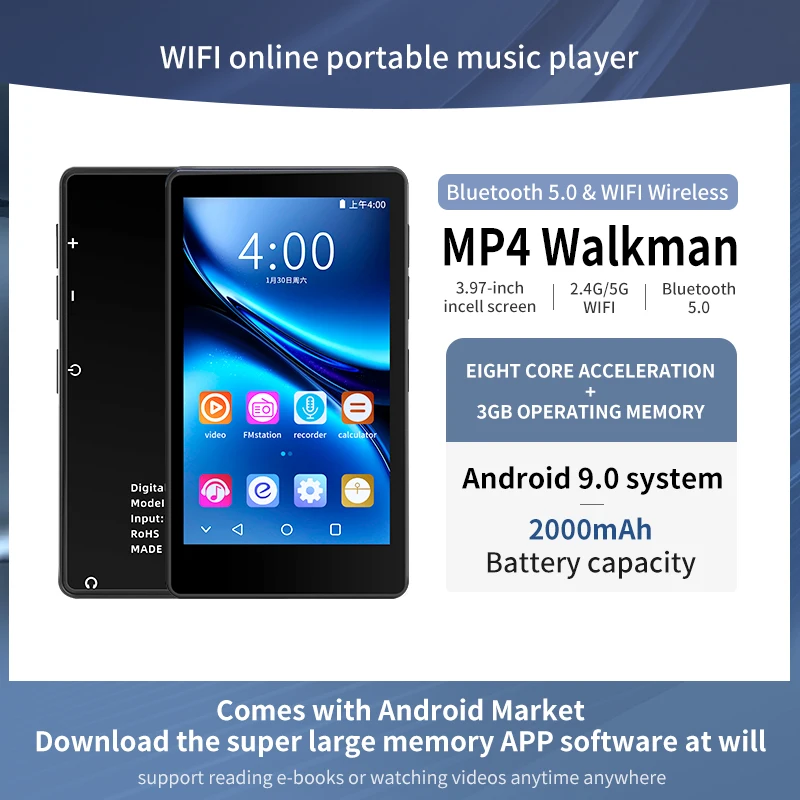 

Музыкальный плеер MP3 MP4 высокой четкости, встроенный динамик 16 ГБ, FM-радиозапись, электронная книга, полный сенсорный экран, портативный Bluetooth 5,2