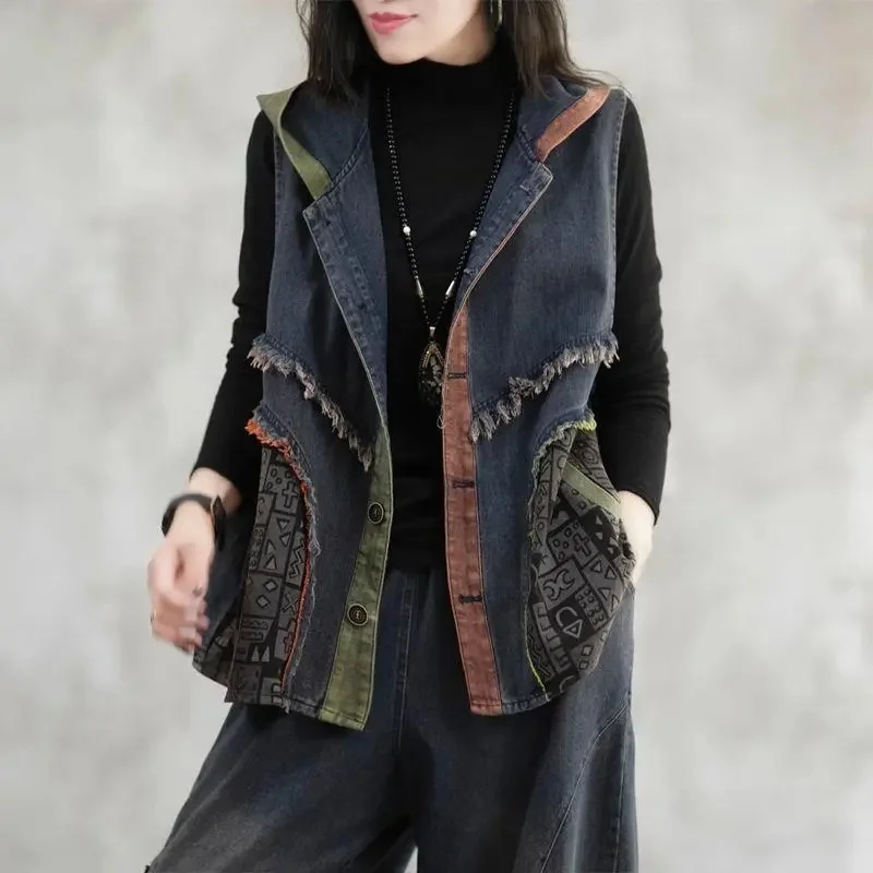 

2024 Spring Autumn New Contrast Stitching Rough Selvedge Women Denim Vest Hooded Sleeveless Temperament Cowgirl Waistcoat Tops