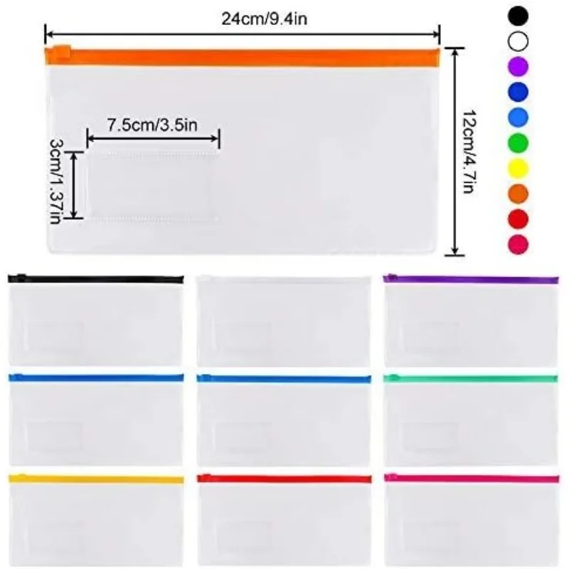 24pcs Poly Zip Envelope, Plastic, Reusable , 9 x 4.7 Inches, A6 Size, 10 Colors, for Office Supplies