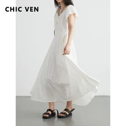 CHIC VEN Women Dresses Loose Solid Casual New V-neck Bubble Short Sleeved Female Dress Pleated Long Skirt Summer 2024