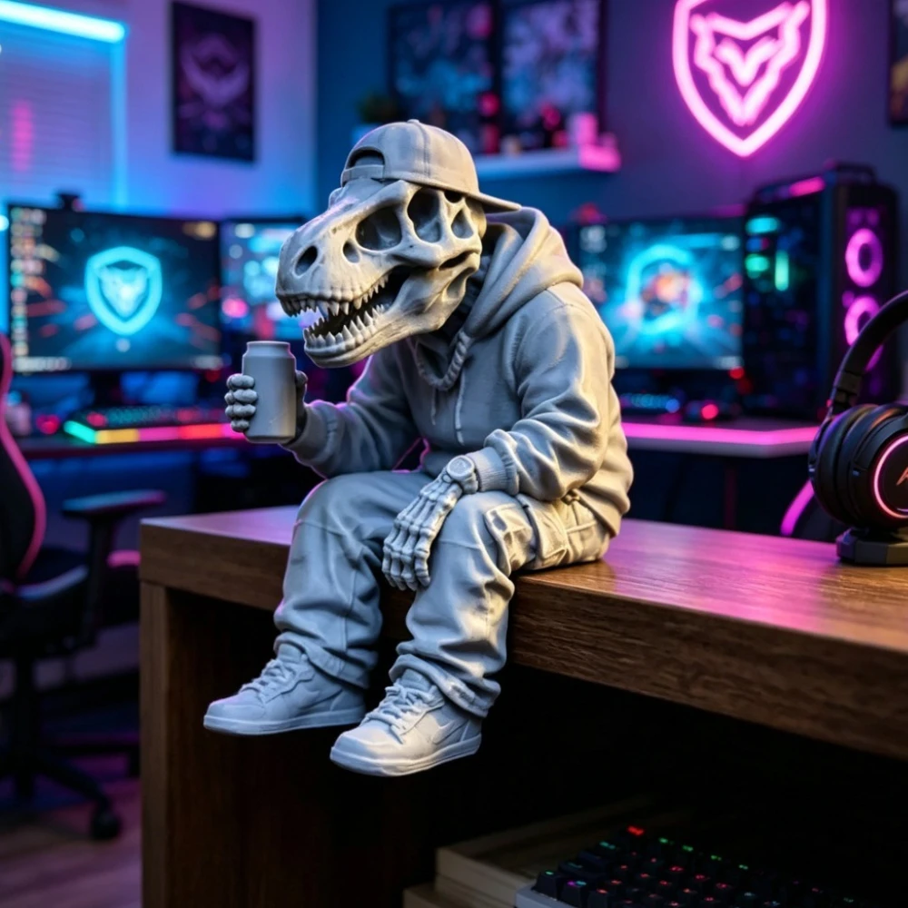 Urban Hip Hop Dinosaur Skull Statue DIY Coloring Cap Hoodie Trex Figurines Ornaments Holding Soda Can Gamer Room Desk Edge Decor