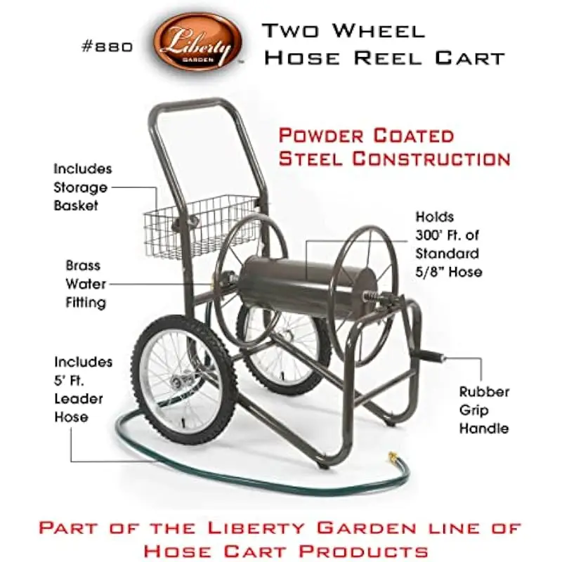 Industrial-grade hose reel cart with 300-ft capacity, brass swivel connector, pneumatic tires, steel frame, weather-resistant fi