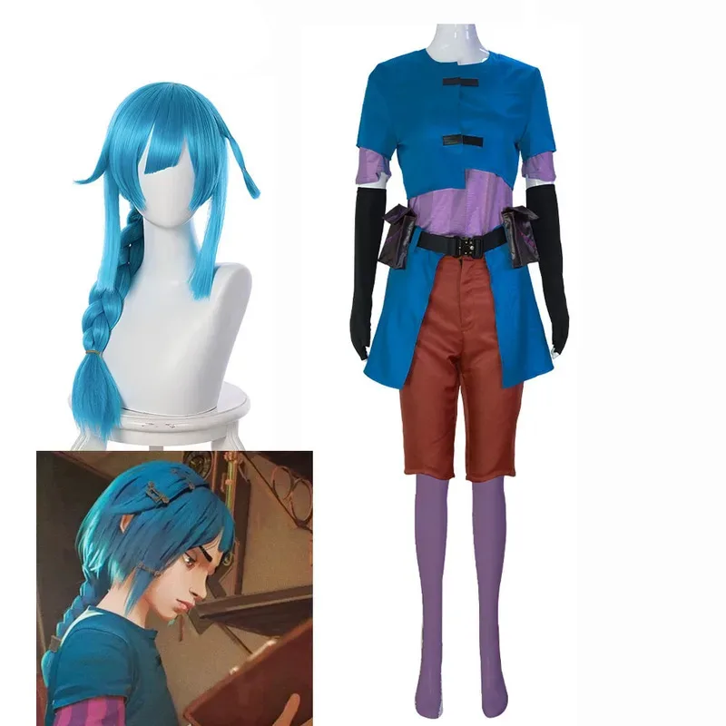 Peluca de disfraz de Cosplay LOL Arcane Powder Jinx para mujer para fiesta de Halloween mj:3