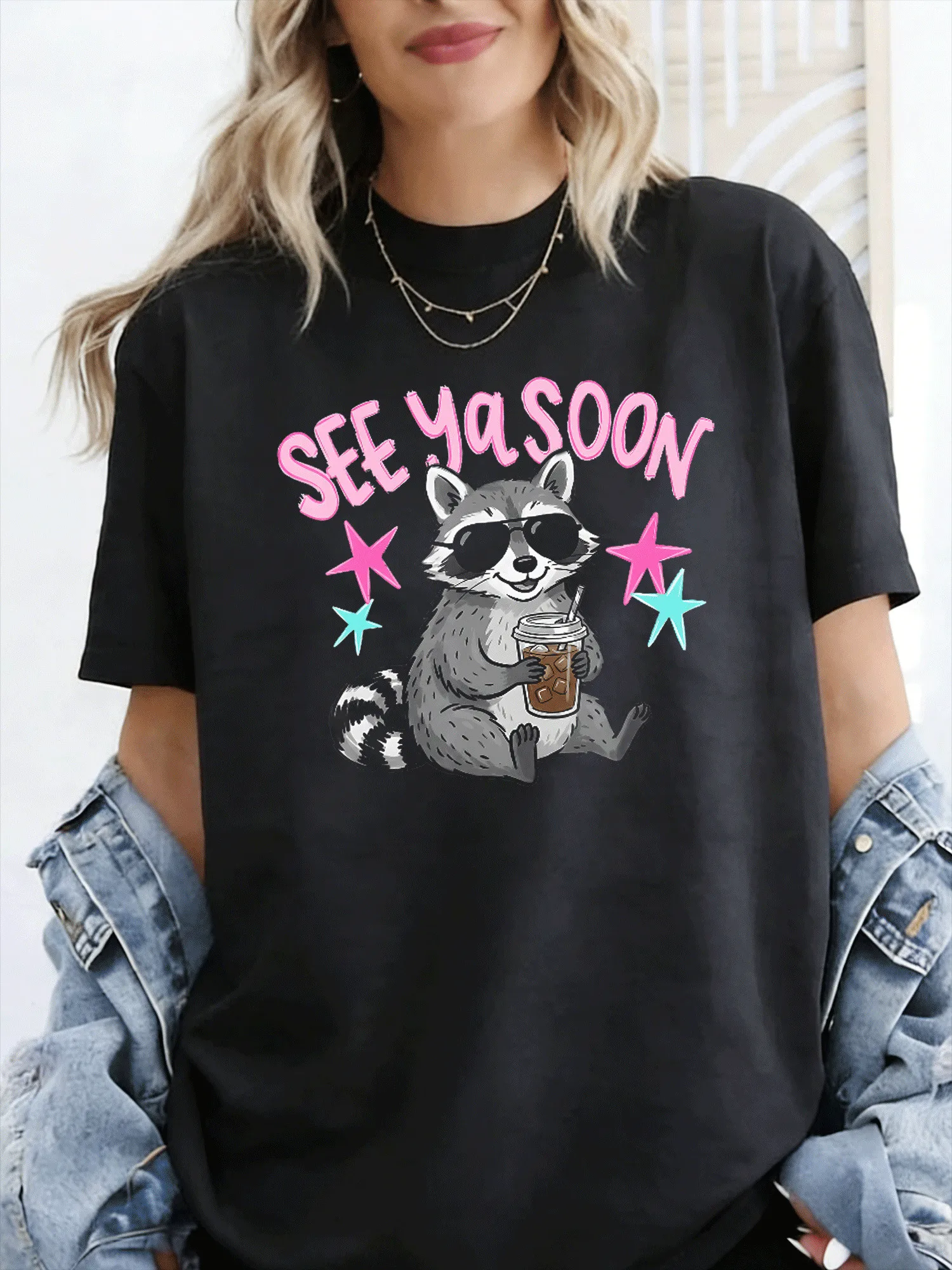 Cute See Ya Soon Raccoon Coffee Sunglasses Star Art Print Graphic Womens T Shirt Short Sleeve Crew Neck Casual Ladies Tee Tops