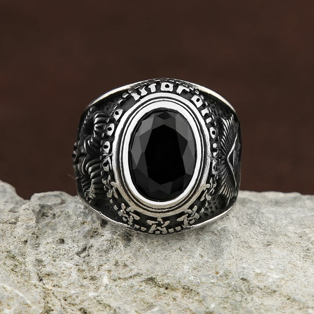 Gothic Vintage Big Black Stone Rings For Men And Women 316L Stainless Steel All Seeing Eyes Ring Baphomet Pagan Jewelry Gifts