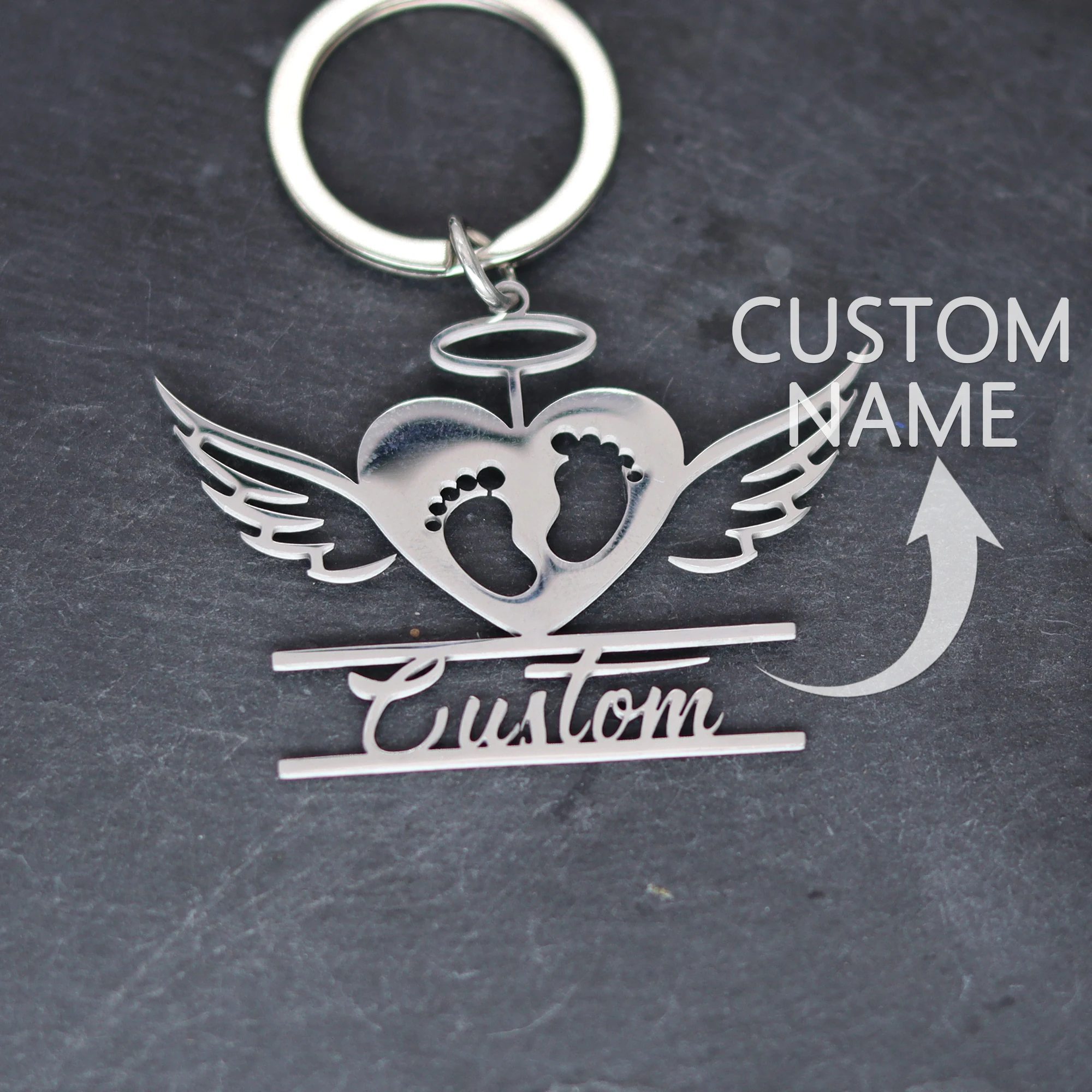 Custom Angel Wing Heart Footprint Name Keychain Stainless Steel Keychain For Women Jewelry Gift For Girlfriend Bag Pendants