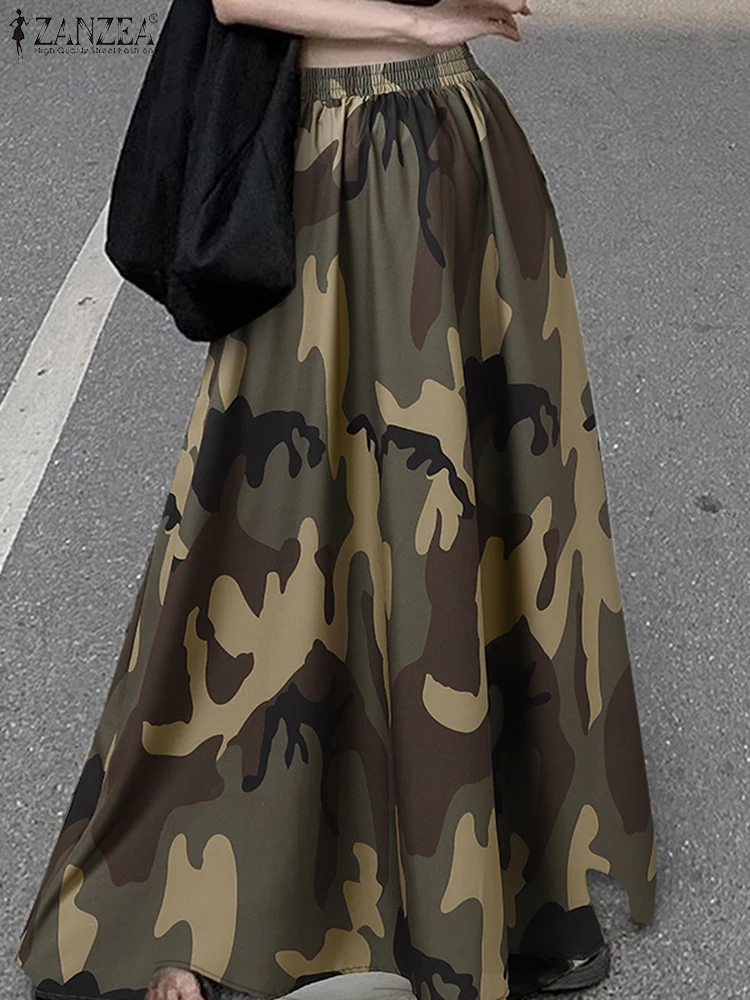 ZANZEA Stylish Women Skirts Spring Vintage Elastic Waist Faldas Saia Camouflage Skirt Female Holiday Maxi Sundress Casual Jupe